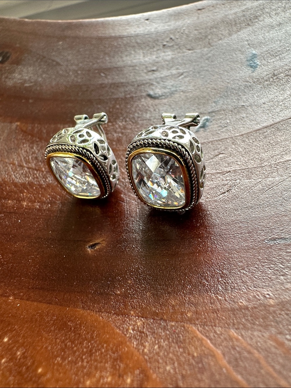 Sterling Silver Clear Crystal Drop Earrings with Gold Accents